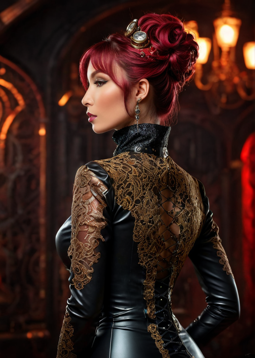 masterpiece, best quality, dark environment, (steampunk:1.5), a woman, (colored latex with lace), turtleneck, (jewelry), burlesque, sexy, from behind, 8K, extremely detailed, decorated clothing, dragon, bloodwave, dynamic, great lighting, perfect shading, depth of field, soft side light, very detailed glowing background, <lora:MS_Aika_Yumeno_V2_SDXL:0.8>, <lora:add-detail-xl:0.8>