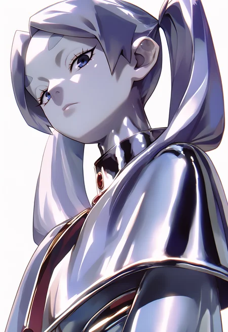 score_9, score_8_up, score_7_up, BREAK
chrome, shiny skin, chrome clothing, chrome skin,
1girl, frieren, twintails,
chrome capelet,
upper body, looking at viewer, solo, simple background, white background <lora:FrierenXLv2:0.8> <lora:ChromeXLLocon:1>