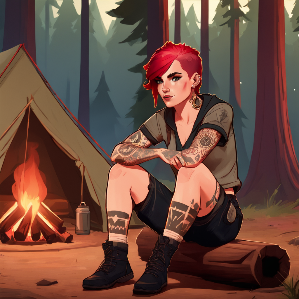 arcane, vi, red hair, light blue eyes, freckles, face tattoo, upper body, arm tattoo, face tattoo, lip scar, eyebrow scar, tshirt, shorts, camping, sitting on log, campfire, tents,  <lora:vi-offset:0.7>