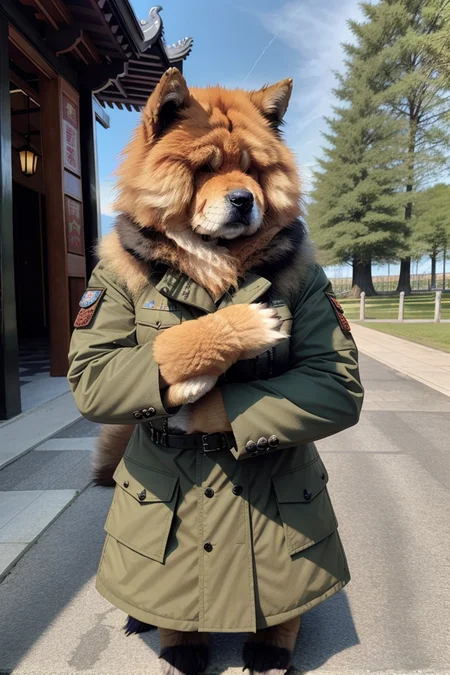 RAW photo, humanoid, a upper body photo of [[man:chow chow:2] ] a weredog dog ,chow chow,  Army overcoat, gothic_lolita , temple,   <lora:14_misi_1v5_1080_0001B5e_NR128NA128off-000002:0.8> <lora:7_wereanimal_1v5_768_0001BD5e_NR128NA128off-000002:0.2>, best quality ,[[2 dog hands]], in the beautiful sunshine,   facing front, [[furry arms]], furry body ,real detailed furry
