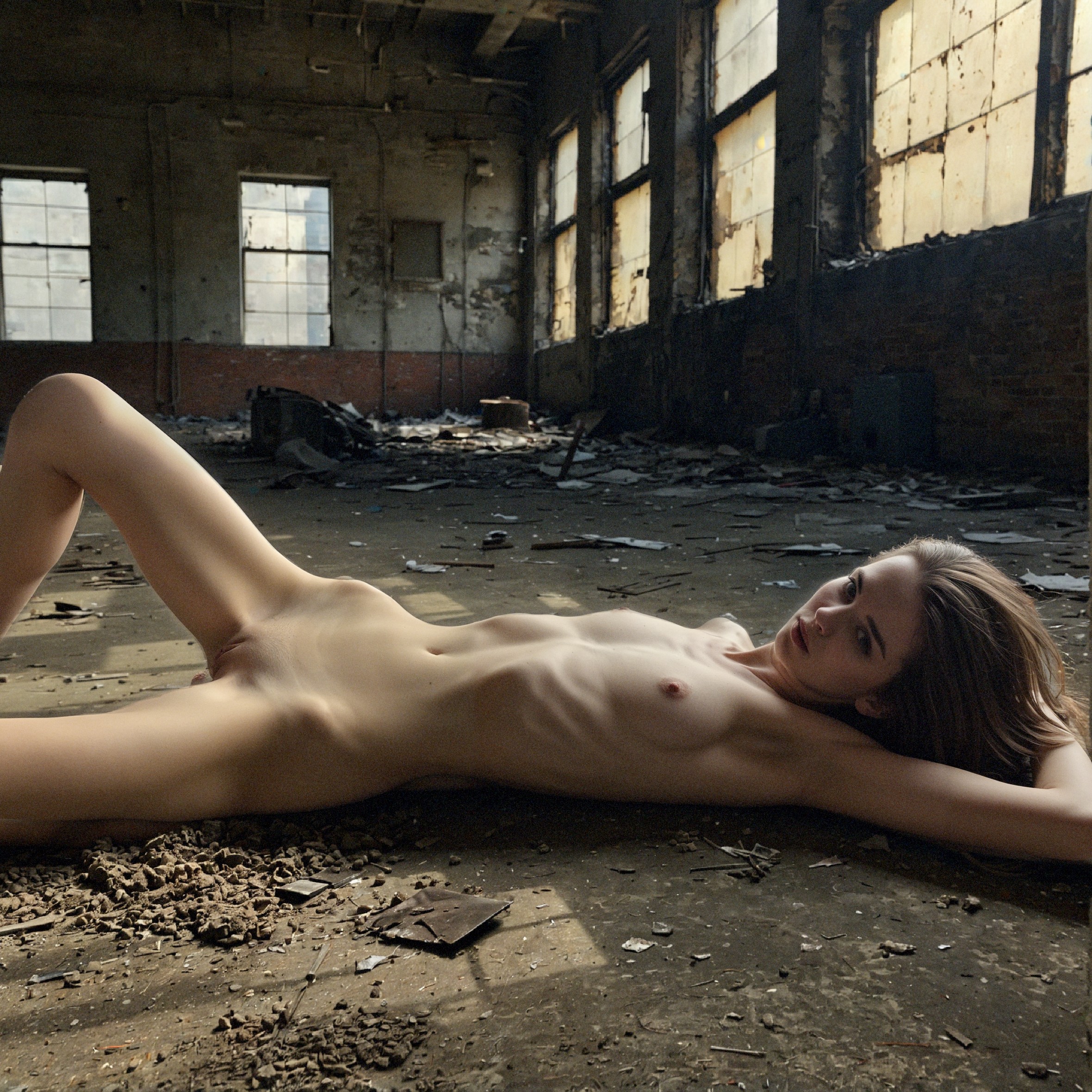 1girl, naked girl, tall and skinny, flat chested, laying naked on the floor, pubic hair, dirty and textured skin, detailed vagina, abandoned factory with broken windows, <lora:add-detail-xl:2> <lora:SDXL_Lightning_8step_Lora:1.0>,