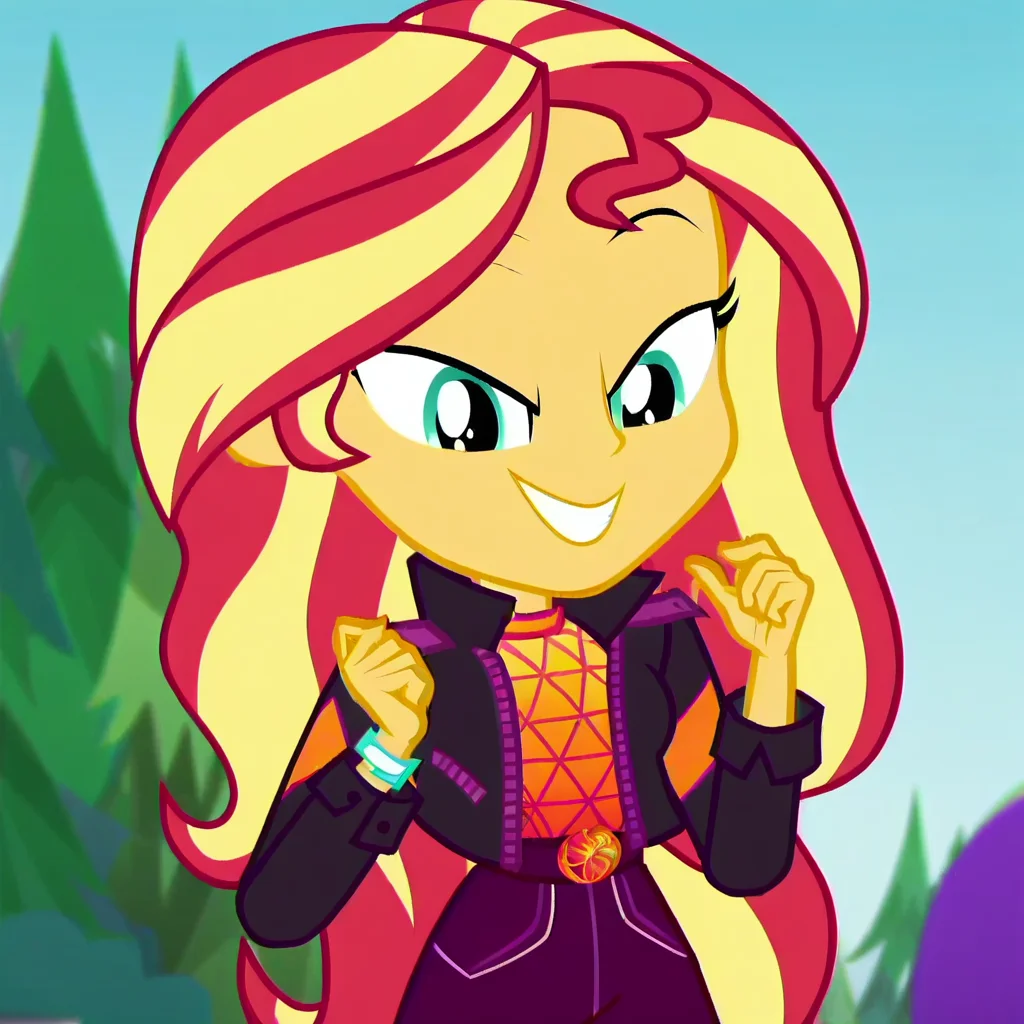 1girl, sunset shimmer, music festival outfit, sunset_festival_outfit, long hair, two-toned hair, equestria girls, jacket, pants, smile