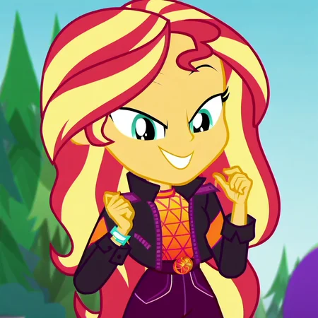 1girl, sunset shimmer, music festival outfit, sunset_festival_outfit, long hair, two-toned hair, equestria girls, jacket, pants, smile