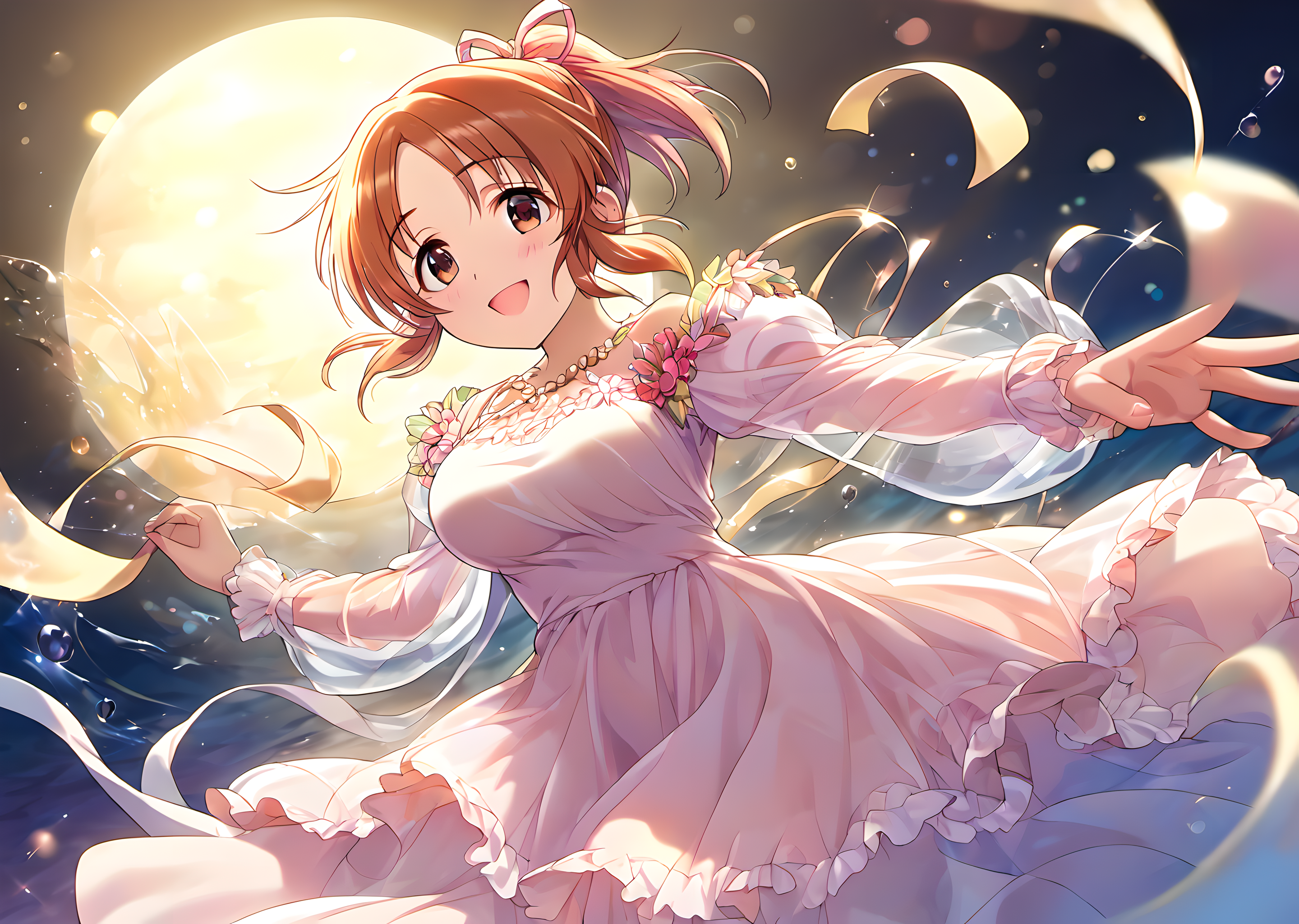 <lora:AbeNana_pony_v1:0.8>,abnn,small petite,short hair,brown hair,orange hair,ponytail,hair_ribbon,bangs,brown eyes,large breasts,score_9,score_8_up,score_7_up,source_anime,(dance on the water:1.2),(dance and dance:1.2),thin light dress,shiny costumes,see-through_sleeves,full_moon,moonlight,horizontal line,strong rim light,bokeh,light reflection on the surface,many water crests,many ripples,silhouette,smile,:d,light_blush,full_shot,wide_shot,