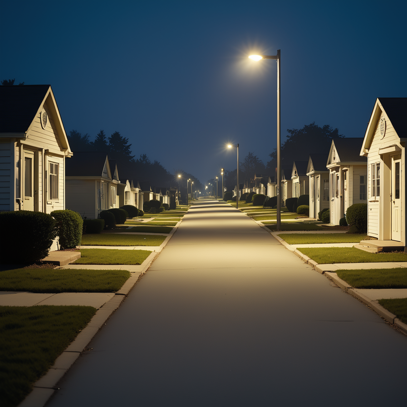 liminal, suburban,
4 story buildings, night, street lamp, 
driveways, ticket booths, lineup, 
3 houses, 

architecture, no humans, 

driveways, sidewalks, lamps,  depth of field, 