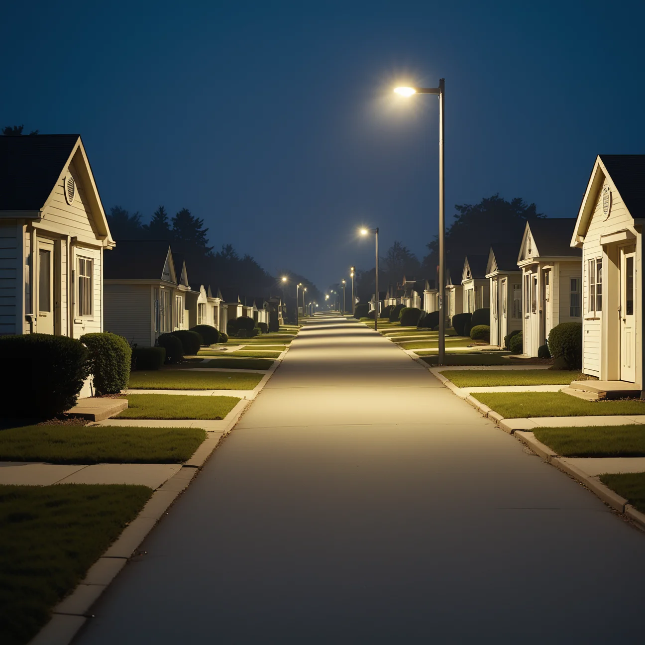 liminal, suburban,
4 story buildings, night, street lamp,
driveways, ticket booths, lineup,
3 houses,
architecture, no humans,
driveways, sidewalks, lamps, depth of field,