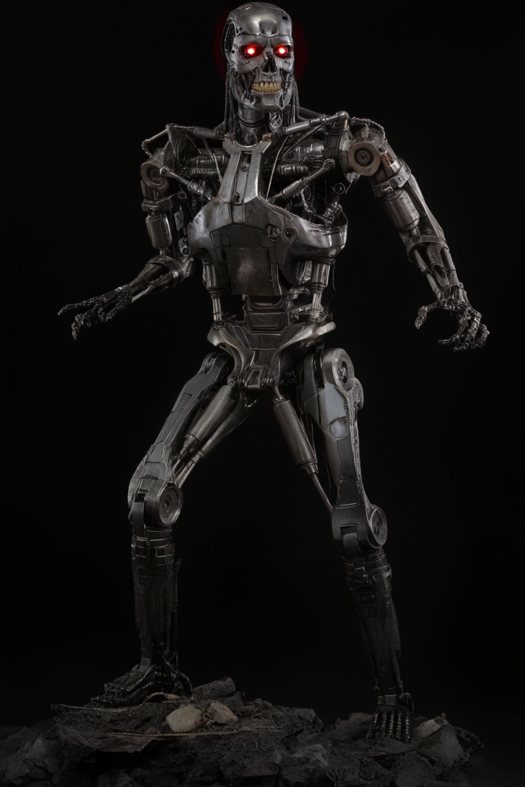 T800_Endo, Terminator robot, score_9, score_8_up, score_7_up, (source_IRL, source_movie), cinematic, realistic, masterpiece, high quality, highres RAW photo, ((full body shot))
a T800_Endo Terminator Robot with glowing red eyes, he is made of metal, <lora:T800_Endo_Terminator_Pony_v1-000019:1>
(standing, fight stance)
black background
dynamic lighting, highly detailed, intricate details