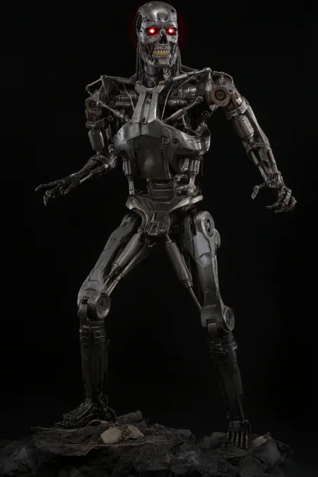 T800_Endo, Terminator robot, score_9, score_8_up, score_7_up, (source_IRL, source_movie), cinematic, realistic, masterpiece, high quality, highres RAW photo, ((full body shot))
a T800_Endo Terminator Robot with glowing red eyes, he is made of metal, <lora:T800_Endo_Terminator_Pony_v1-000019:1>
(standing, fight stance)
black background
dynamic lighting, highly detailed, intricate details