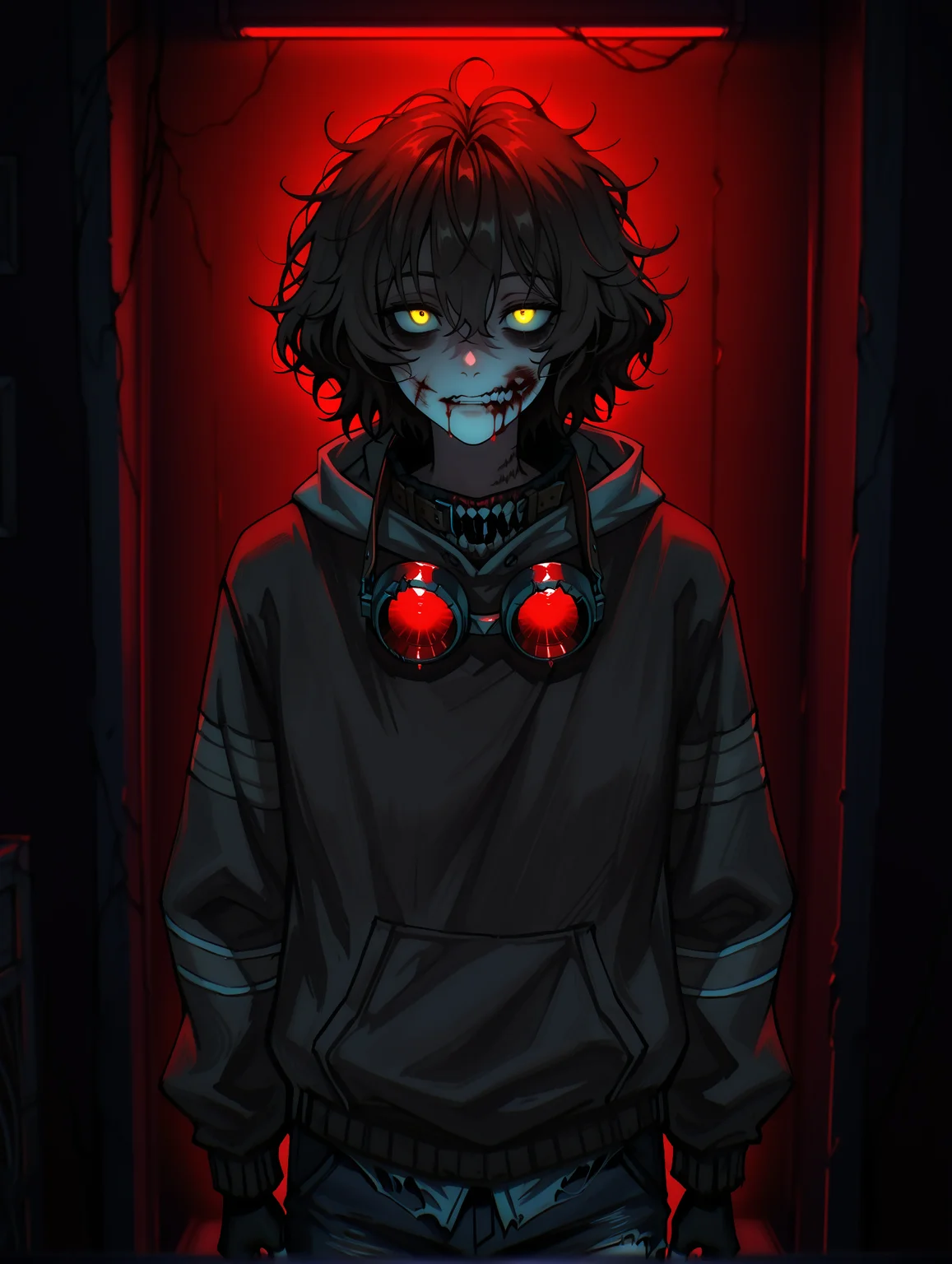 masterpiece, very aesthetic, best quality, hiper-detailed, intricate details, dynamic light, dramatic light, rich colors, dark, darkness, night, solo, cowboy shot, imtdticitoby, 1boy, male, injury, brown hair, jacket, striped, hood, hoodie, gloves, pants, black gloves, short hair, blood, messy hair, , fingerless gloves, yellow eyes, sweater, long sleeves, teeth, scar, blood, blood on face, blood from mouth, bags under eyes, hood down, torn clothes, horror (theme), goggles around neck, dark background, red light, detailed background, dark room, nightmare room, nightmare background