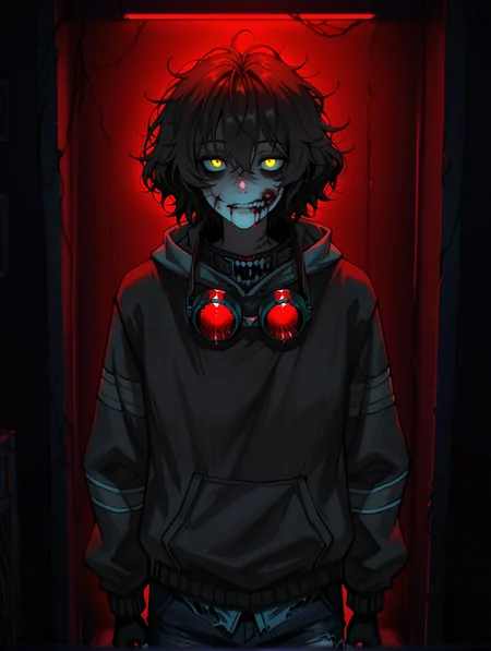 masterpiece, very aesthetic, best quality, hiper-detailed, intricate details, dynamic light, dramatic light, rich colors, dark, darkness, night, solo, cowboy shot, imtdticitoby, 1boy, male, injury, brown hair, jacket, striped, hood, hoodie, gloves, pants, black gloves, short hair, blood, messy hair, , fingerless gloves, yellow eyes, sweater, long sleeves, teeth, scar, blood, blood on face, blood from mouth, bags under eyes, hood down, torn clothes, horror (theme), goggles around neck, dark background, red light, detailed background, dark room, nightmare room, nightmare background