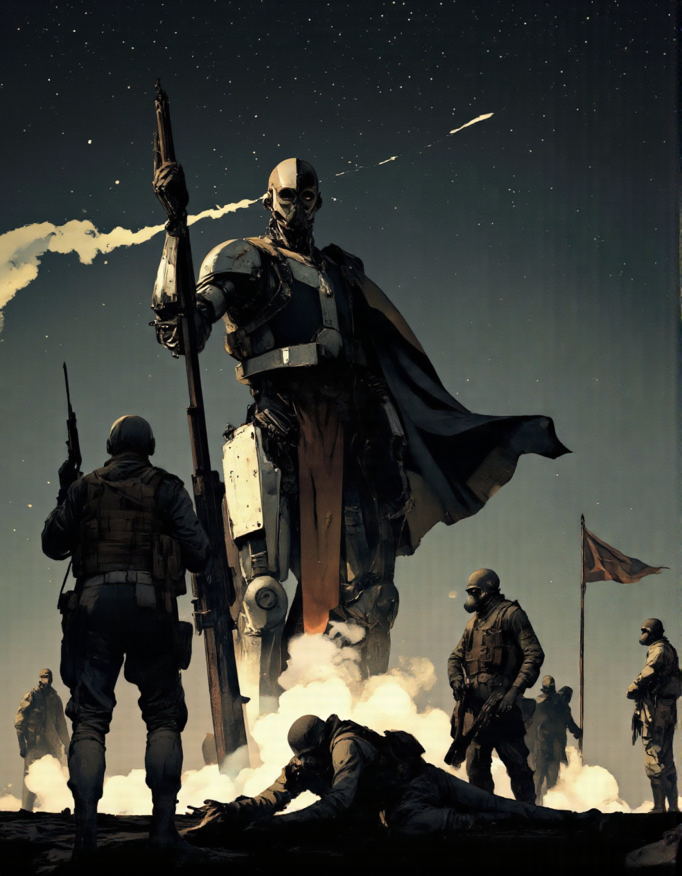 Art by Piotr JabÅoÅski. A digital illustration shoot from a low-angle perspective about a dramatic scene depicting a group of soldiers in a post-apocalyptic setting, with a large, humanoid robot standing tall in the center, holding a large gun and surrounded by smaller soldiers. the scene is set against a dark, starry night sky with a faint, ethereal glow, and the soldiers are silhouetted against the backdrop. the robot appears to be in a state of shock, with its large, metallic body and robotic features standing out against the dark backdrop. on the left side of the image, a soldier is standing, facing the viewer, with his arms outstretched, holding the gun, while on the right side, a few soldiers are standing, holding guns, with one soldier lying on the ground in front of the robot. the soldiers appear to be wearing gas masks, and they are all facing the same direction. in the background, a small flag is flying in the air, adding to the dramatic atmosphere of the scene. the overall mood is tense and action-packed, with the soldiers and the robot in the midst of a battle.