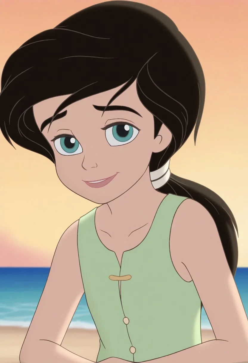 close up,melody,aqua eyes,thick eyebrowns,black hair,ponytail,smile,white hairband,arms down,green undershirt,sleeveless,one sleeve,sea,yellow sunrise beach background