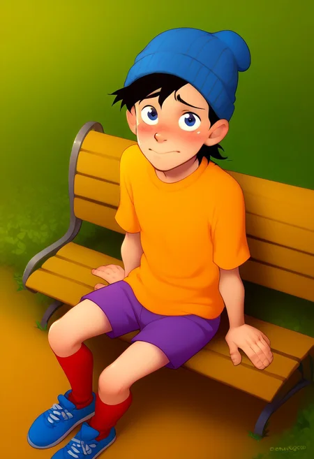 score_8, score_8_up, score_7_up, score_6_up, source_cartoon, flat shading, good_hands, BREAK, 1boy, solo, male focus,, Double D, beanie, black hair, orange shirt, purple shorts, red socks, blue shoe, park background, trees, pond, bench, sitting, looking at viewer, blushing, shy, embarrassed, from above,