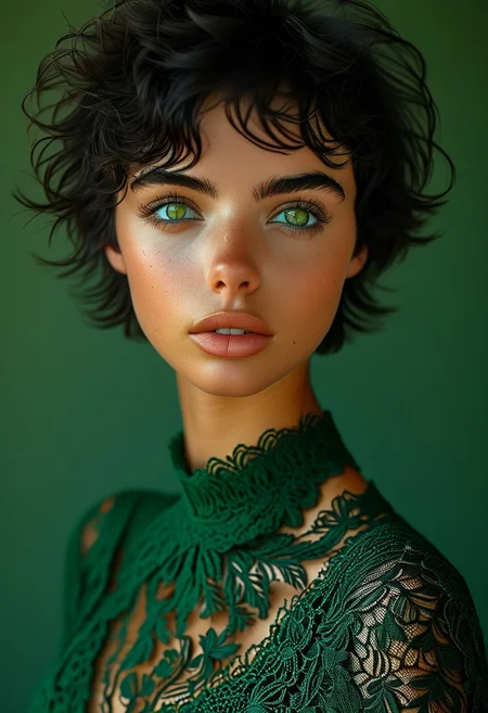 Realistic photo, ultra-realistic photo, RAW photo, high res., high quality, masterpiece, bellissima, full body view, 19-year-old girl (19yo), Italian, short black hair, tousled hair, green eyes, perfect eyes, detailed eyes, photorealistic eyes, serious facial expression, dark green lace top, shiny skin, perfect skin texture, intricate details, detailed face, detailed eyes, super-detailer-bsy, detailed skin, detailed hair, ultra-detailed, sexiness enhancer