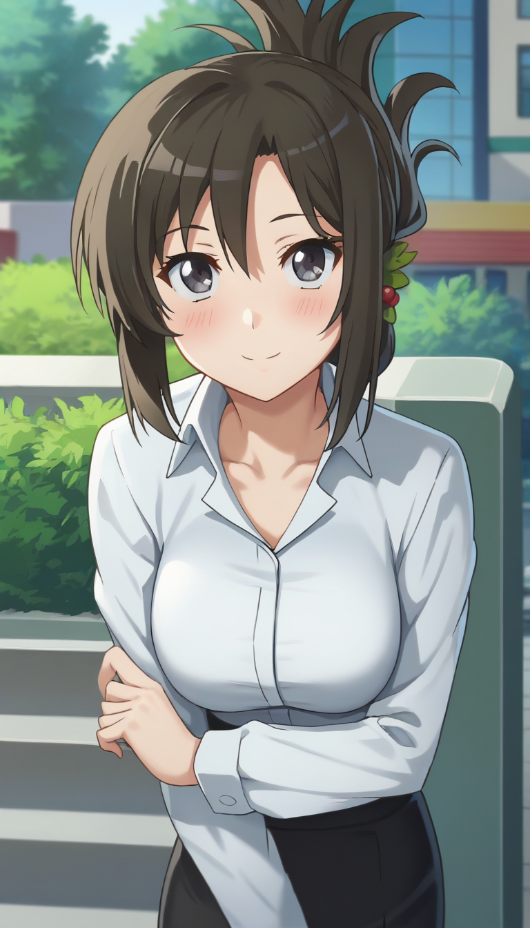 score_9,score_8_up,masterpiece,best quality,correct anatomy,anime_source,1girl,solo,perfect eyes,perfect arms,perfect legs,perfect face,outdoors,upper body,(portrait:1.5),looking at viewer,facing viewer,smile,blush,Yoriko Yasaka,long hair,black hair,folded ponytail,hair up,hair ornament,bangs,grey eyes,collarbone,collared shirt,dress shirt,white shirt,long sleeves,large breasts,black skirt,skirt suit,pencil skirt,high heels,black footwear,<lora:Yoriko Yasaka(hns)-Pony:1.6>,