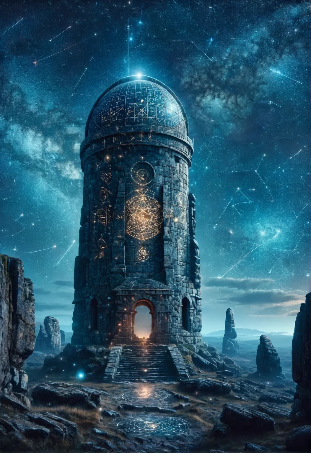 ais-rcn, an ancient stone observatory standing tall under a starry sky, its forgotten tools still pointed towards constellations shrouded in mystery <lora:ais-rcn-sdxl:1>, cinematic