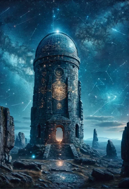 ais-rcn, an ancient stone observatory standing tall under a starry sky, its forgotten tools still pointed towards constellations shrouded in mystery <lora:ais-rcn-sdxl:1>, cinematic