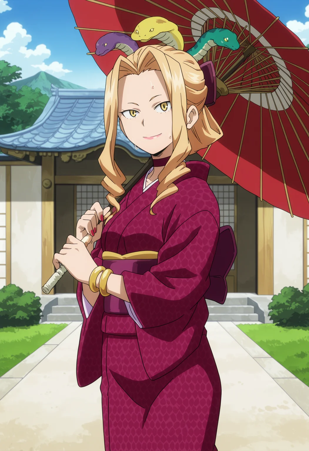 source anime,anime screencap,anime coloring,intricate details,fake screenshot,masterpiece, best quality, very aesthetic, dramatic lighting, illustration,
uncensored,
BREAK,
uwabami, uwabami \(horikoshi kouhei\) , 1girl, yellow eyes, blonde hair, jewelry, bracelet,lipstick,nail polish, long hair,makeup,hair ornament, drill hair, snake hair ornament,snake,choker,
kimono, japanese clothes,
sweat,
perfect face, beautiful eyes, beautiful face,perfect anatomy,
BREAK,
standing, smile, looking at viewer, holding oil-paper umbrella, cowboy shot,
BREAK,
Detailed Background, scenery, outdoors, east asian architecture, japanese temple,
<lora:Uwabami_by_Nyx_for_Illu:0.9> <lora:modern_anime_screencap_v1_0:1>