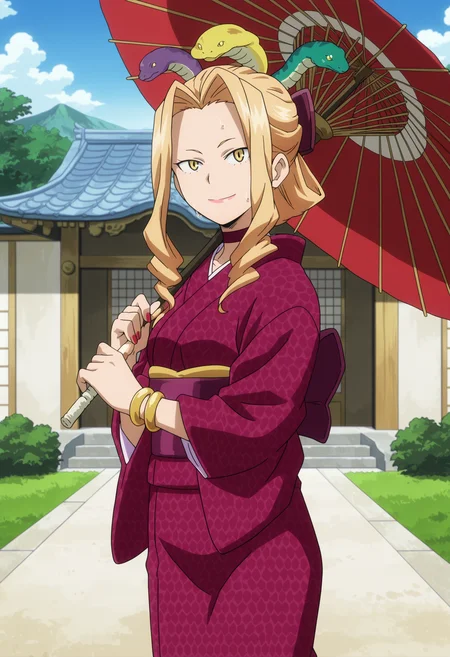 source anime,anime screencap,anime coloring,intricate details,fake screenshot,masterpiece, best quality, very aesthetic, dramatic lighting, illustration,
uncensored,
BREAK,
uwabami, uwabami \(horikoshi kouhei\) , 1girl, yellow eyes, blonde hair, jewelry, bracelet,lipstick,nail polish, long hair,makeup,hair ornament, drill hair, snake hair ornament,snake,choker,
kimono, japanese clothes,
sweat,
perfect face, beautiful eyes, beautiful face,perfect anatomy,
BREAK,
standing, smile, looking at viewer, holding oil-paper umbrella, cowboy shot,
BREAK,
Detailed Background, scenery, outdoors, east asian architecture, japanese temple,
<lora:Uwabami_by_Nyx_for_Illu:0.9> <lora:modern_anime_screencap_v1_0:1>
