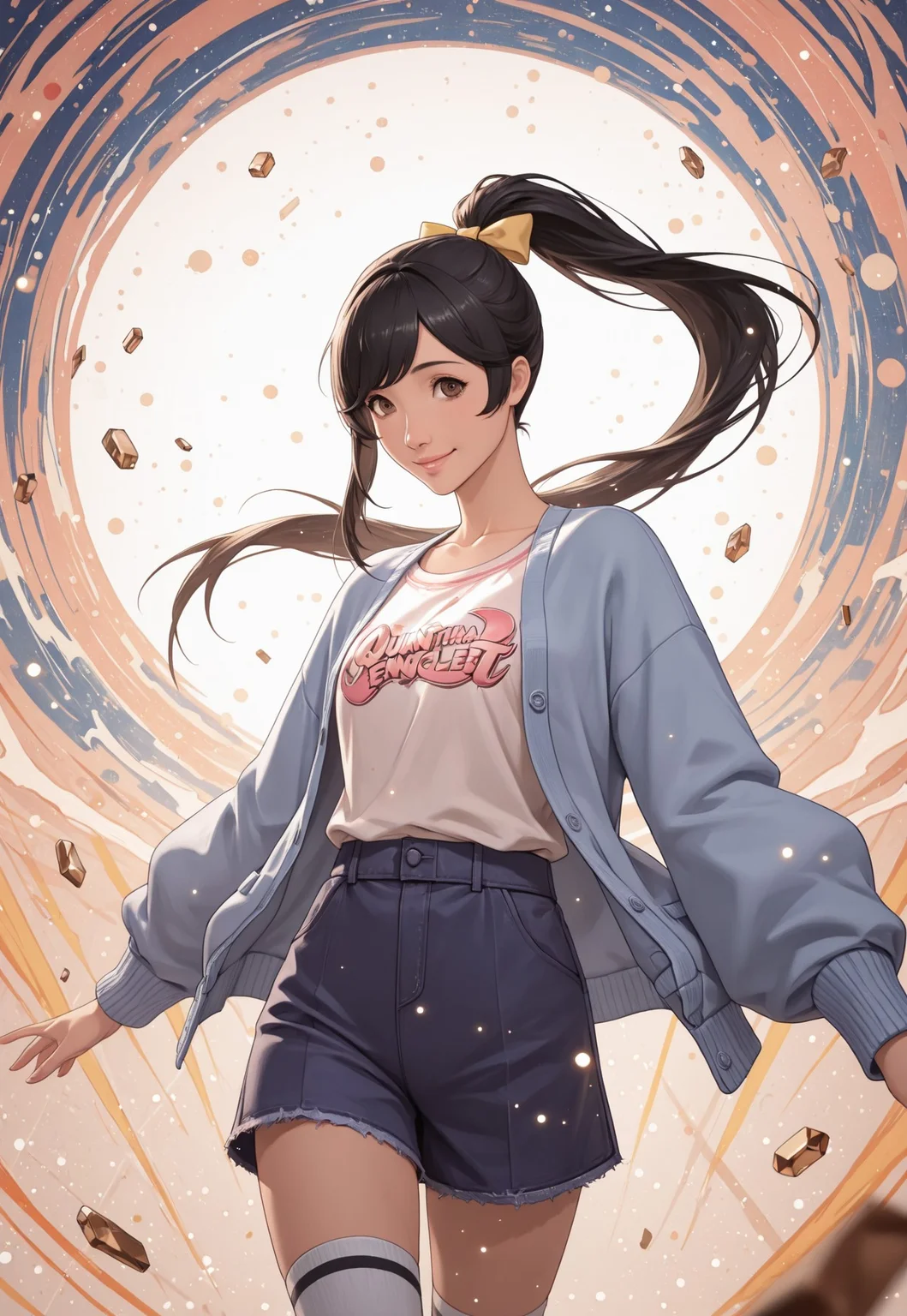 1girl, solo, m1n4mi, black hair, long hair, ponytail, yellow bow, brown eyes, blue cardigan, print tshirt, blue shorts, knee socks, windblown clothes, floating hair, Expressiveh, looking at viewer, head slightly tilted, friendly expression, cute smile, cheek dimples, detailed face, detailed clothes, detailed body, standing, fashion pose,
cowboy shot, subject focus, dynamic angle, abstract background, detailed background, floating fragments, surreal,
front particles, light particles, motion, limited palette, monochromatic colors, color accents,
masterpiece, 16k, 8k, 4k, high quality, best quality, absurdres, bokeh, depth of field, quantum entanglement,