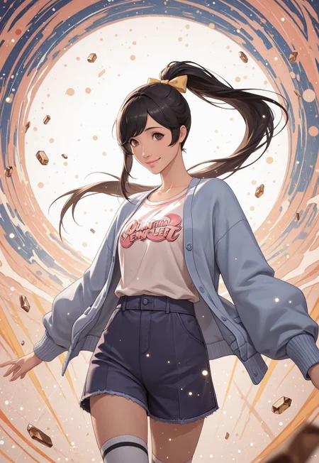 1girl, solo, m1n4mi, black hair, long hair, ponytail, yellow bow, brown eyes, blue cardigan, print tshirt, blue shorts, knee socks, windblown clothes, floating hair, Expressiveh, looking at viewer, head slightly tilted, friendly expression, cute smile, cheek dimples, detailed face, detailed clothes, detailed body, standing, fashion pose,
cowboy shot, subject focus, dynamic angle, abstract background, detailed background, floating fragments, surreal,
front particles, light particles, motion, limited palette, monochromatic colors, color accents,
masterpiece, 16k, 8k, 4k, high quality, best quality, absurdres, bokeh, depth of field, quantum entanglement,