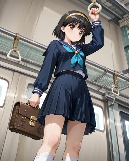1girl, solo
<lora:ä¸å³¶ä¸æºå:1> koryuu densetsu villgust, michiko nakajima, school uniform, serafuku, hairband, Black hair , brown eyes, skirt, blue skirt, bag, white socks, 1outfit
<lora:Age-V2:-3>
<lora:Holding_Hand_Grip_v3:1> holding hand grip,
(from below:0.5)