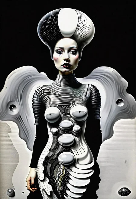 raw sketch of interwoven concrete cement pebbles cob cobblestone shell scales, by Bellmer, by Malevitch, by Kandinsky, Surreal psychedelic bizarre, psychedelic hallucination, pop surrealism, rough crosshatch drawing pop art Lunatic_Portrait of a young woman in latex Avant-garde Fashion page, slick back, low bun, black makeup, sinister expression, intense glare, (melting flesh covered in moss, rot, mold, bubbles, droplets:1.5), avant-garde, abstract, weird, geometric, constructivism, suprematism, rayonism, verticism, lineism, tj