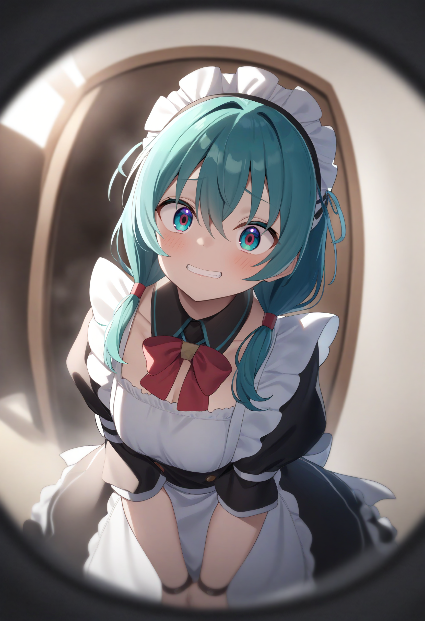 1girl,sincos, ningen mame, toosaka asagi,solo,medium breasts,20yo,maid,maid headdress,
peephole,fisheye lens,<lora:peephole_XL_v1:0.8>
from below, cowboy shot, looking down, aqua hair, aqua eyes,grin, prison, closed mouth, multi-tied hair,,
best quality, very aesthetic, absurdres