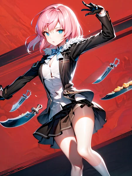masterpiece, best quality, 1girl, solo, dynamic pose, dynamic angle, effect, multicolored background, <lora:lee-8:1>, knife, uniform, shirt, skirt