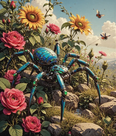 A breathtaking and hauntingly beautiful **cybernetic spider**, its **bright, matte cobalt blue body richly saturated and velvety in texture**, moves gracefully through a dense bed of blooming flowers, dominated by **blood-red roses, golden sunflowers, and sprawling emerald-green foliage.** Unlike a synthetic machine, the spider’s **surface is completely matte, absorbing sunlight rather than reflecting it**, making its **color appear even deeper and more vibrant in the daylight.**  

Intricate **neon green markings** cover its legs and abdomen in bold, natural streaks—**sharp, vivid, and eye-catching, yet without any artificial glow.** The markings resemble **evolved camouflage or organic patterns**, adding an almost mystical quality to the creature, as though it belongs to an undiscovered species thriving in this floral paradise.  

The **spider’s eight deep-green eyes**, non-reflective but rich with color, move carefully as it observes the world around it. Each movement of its **long, gracefully curved legs** is precise and effortless, pressing gently against the delicate petals beneath it. Its presence is both **striking and strangely serene**, blending seamlessly with its vibrant surroundings.  

The **background is bathed in brilliant daylight, with a clear blue sky stretching infinitely overhead.** Soft, **fluffy white clouds drift lazily across the horizon**, casting occasional dappled shadows over the landscape. The golden sunlight pours down, illuminating the **lush green leaves and the velvety petals of the surrounding flowers, enhancing their deep, natural hues.** The warm, fresh air is thick with the **scent of blooming roses and wildflowers, carried by a soft, occasional breeze.**  

The flowers around the spider are **wild and abundant**, their petals unfolding in rich, vibrant shades of **scarlet, yellow, and violet.** **Bees and butterflies flit between the blossoms, their wings catching the sunlight in dazzling patterns.** Some flowers seem **larger than life**, as if nourished by something more potent than nature alone, their petals spreading open like delicate silk against the wind.  

Suspended between the thorned stems are **intricately woven spiderwebs, glistening faintly in the sunlight.** Unlike artificial or synthetic strands, these webs are **completely organic, thick but symmetrical, spun with masterful precision.** The spider moves methodically, **adjusting the strands with careful efficiency, as if it is not just weaving a trap but crafting an intricate, hidden masterpiece.**  

The **sun shines warmly**, casting soft, **golden highlights across the spider’s cobalt blue body, making its neon green markings stand out even more vividly.** The **light filters through the petals, creating a glowing tapestry of natural color**, painting the world in a **brilliant blend of warmth and beauty.** The contrast between the **intense matte blue of the spider and the sun-drenched landscape** is both **stunning and surreal, a rare and extraordinary sight beneath the endless sky.**  

Rendered in **hyperrealistic digital art**, every **texture, surface, and color is captured in breathtaking detail**, emphasizing the contrast between the **spider’s bold, otherworldly coloration and the lush vibrance of its natural surroundings.** The absence of artificial lighting or exaggerated effects ensures the scene feels **realistic yet mesmerizing, as though this creature truly exists in a world where the extraordinary blends seamlessly with the ordinary.**  

A perfect fusion of **natural wonder and surreal beauty**, where **a creature both vibrant and haunting moves silently through a world of vivid sunlight and endless bloom**, beneath the warm embrace of the **daylit sky.**  


Art in the style of Yomu_Yakadashi, black widow, G0thicL1nes, bontanica, modernretroanime, cybernetic-spider, dreamscape7X, Jedcyb3r, Jedspl4tt,