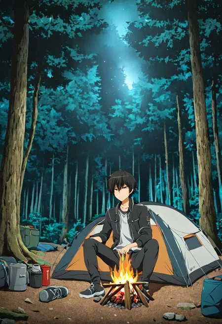 high resolution, solo, best quality, 1Boy, Kanie Seiya, Black Hair, forest, camping, OverallDetail