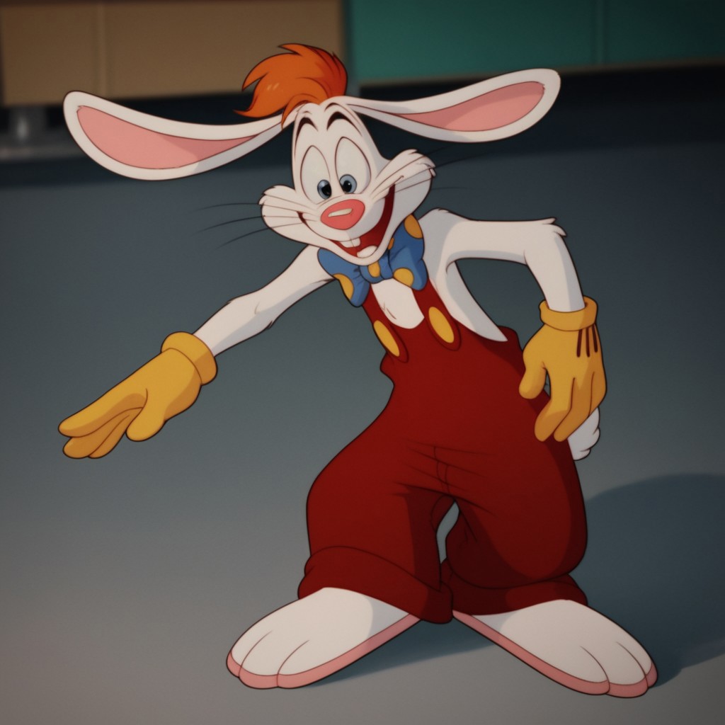 score_9, score_8_up, score_7_up, score_6_up, score_5_up, score_4_up, source_furry, Rogerrbbt, anthro, male, rabbit, rabbit ears, white fur, orange hair, red overalls, buck teeth, bowtie, yellow gloves, standing,
