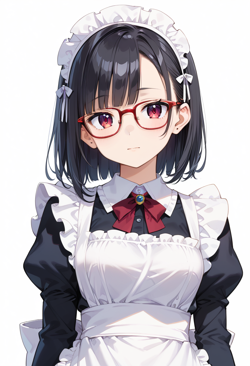 score_9, score_8_up, score_7_up, rating_safe, masterpiece, best quality, absurdres, unity 8k wallpaper, official art, official style, source_anime, uncensored, game cg, megami magazine,
1girl, solo, black hair, medium hair, upper body, covered eyes,maid, maid headdress, black dress, maid apron, face focus,
Wellington24S, glasses, white background, simple background, red-framed eyewear
 <lora:glasses_Wellington24S_PONY_V1:1>