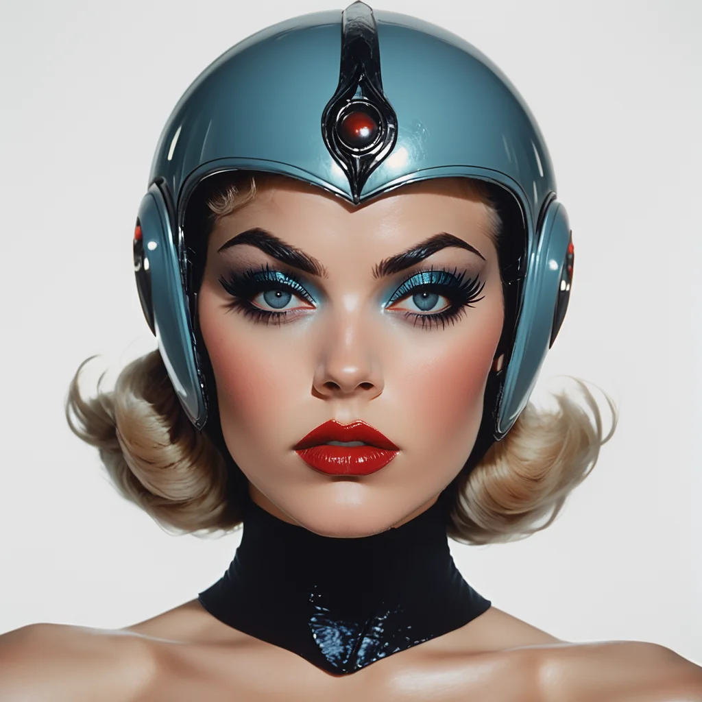Score_9, score_8_up, score_7_up, score_6_up, BREAK <lora:40sTechnicolorCyberpunkPony:1> ArsMovieStill, movie still from a technicolor 1940s cyberpunk film, The image shows a woman wearing a black dress and a blue helmet with a white background. Her face is clearly visible with her eyes looking directly at the viewer., 1girl, solo, makeup, eyeshadow, blue eyes, looking at viewer, lipstick, portrait, bare shoulders, helmet