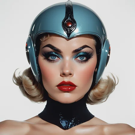Score_9, score_8_up, score_7_up, score_6_up, BREAK <lora:40sTechnicolorCyberpunkPony:1> ArsMovieStill, movie still from a technicolor 1940s cyberpunk film, The image shows a woman wearing a black dress and a blue helmet with a white background. Her face is clearly visible with her eyes looking directly at the viewer., 1girl, solo, makeup, eyeshadow, blue eyes, looking at viewer, lipstick, portrait, bare shoulders, helmet