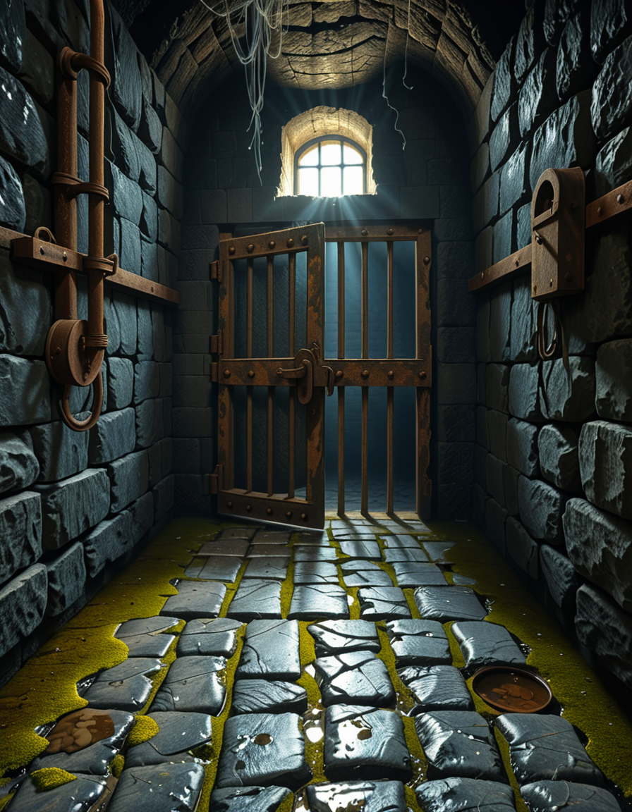 A highly detailed, hyper-realistic photograph of a dark medieval dungeon prison cell. The scene is dimly lit by a single flickering torch mounted on a damp stone wall, casting eerie shadows across the rough, moss-covered stones. Heavy, rusted iron bars form the cell door, slightly ajar, with visible corrosion and ancient padlocks. Inside the cell, there is a straw-covered floor, old wooden buckets, and a crude, splintered wooden bench against the back wall. Chains and manacles hang loosely from the walls, showing signs of long-term use. The atmosphere is cold, humid, and oppressive, with faint light rays piercing through tiny cracks in the stone ceiling. Cobwebs stretch across the corners of the cell, and faint water drips from above, creating small puddles. The overall mood is grim, desolate, and foreboding. Photorealistic style, with high dynamic range (HDR) lighting and extreme attention to textures like rust, moisture, and decay.
<lora:SDXLFaeTastic2400:0.4> <lora:extremely_detailed:0.4> extremely detailed,<lora:medieval_dungeon_pr1s0n_c3ll:1>,medieval dungeon pr1s0n c3ll, Masterpiece,best quality,hi res,8k,hi res,8k,award winning,(sharp focus, intricate, highly detailed),