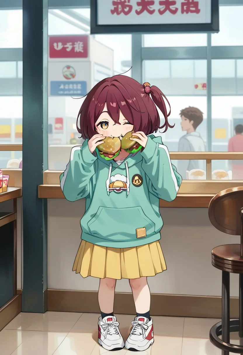 score_9, score_8_up, score_7_up, score_6_up, score_5_up, score_4_up, detailed eyes, detailed skin, source_anime, source_anime, masterpeice, best quality, very aesthetic, absurdres, BREAK, Komari_Chika, 1girl, shortstack, BREAK, hoodie green hoddie, skirt, plated skirt, shoes, BREAK, indoors, reastaurant, burger, eating burger, joy, happy,