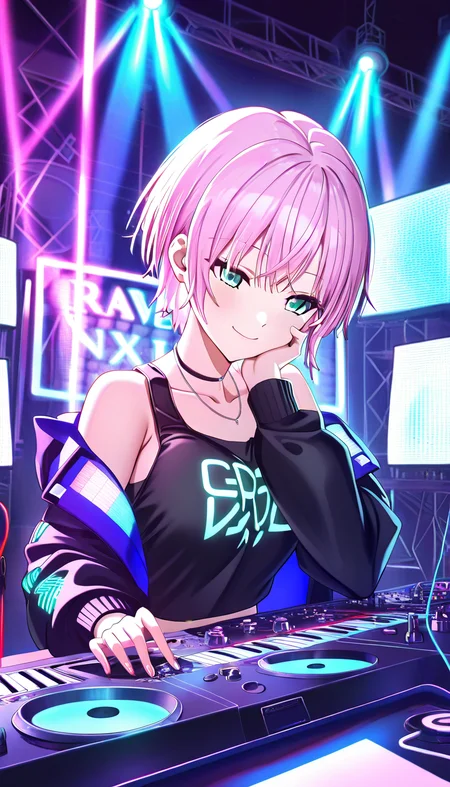masterpiece, best quality, very aesthetic, absurdres,
solo, 1girl,
nijiriri, blue eyes, green eyes, pink hair, short hair,
smirk,
tank top, long sleeves,
in night club, rave, music, colorful lights, playing a cdj panel and turning knobs in a mixer, turntables, laser lights, neon,