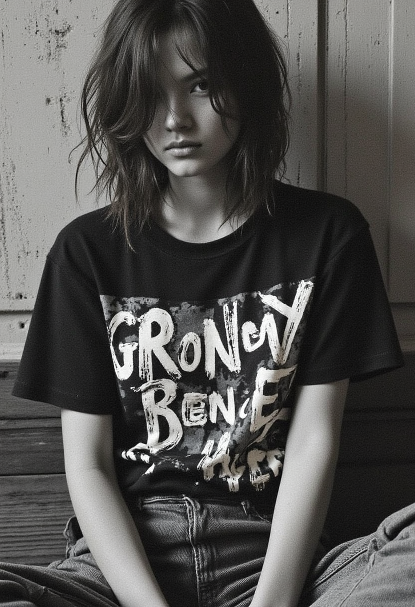 A young Slavic woman with a rocker edge sits casually, wearing a grunge-inspired T-shirt with a striking print—bold, distressed typography skillfully blended with chaotic textures, abstract shapes, and faded graphic elements. The design feels raw and authentic, embodying the rebellious spirit of grunge culture. Her messy hair slightly falls over her face, and her smudged makeup adds to her effortlessly cool look.