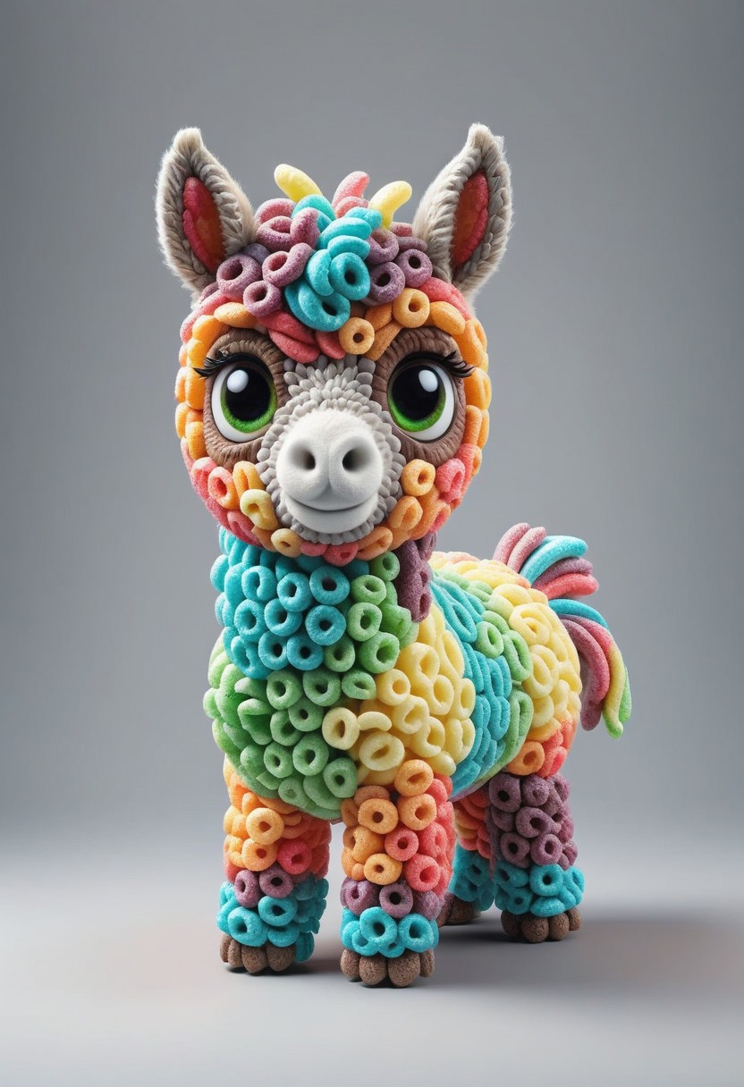 a cute chibby alpaca mixed with a donkey with big rainbow eyes made made of fruit loops, very detailed, 4k, sharp