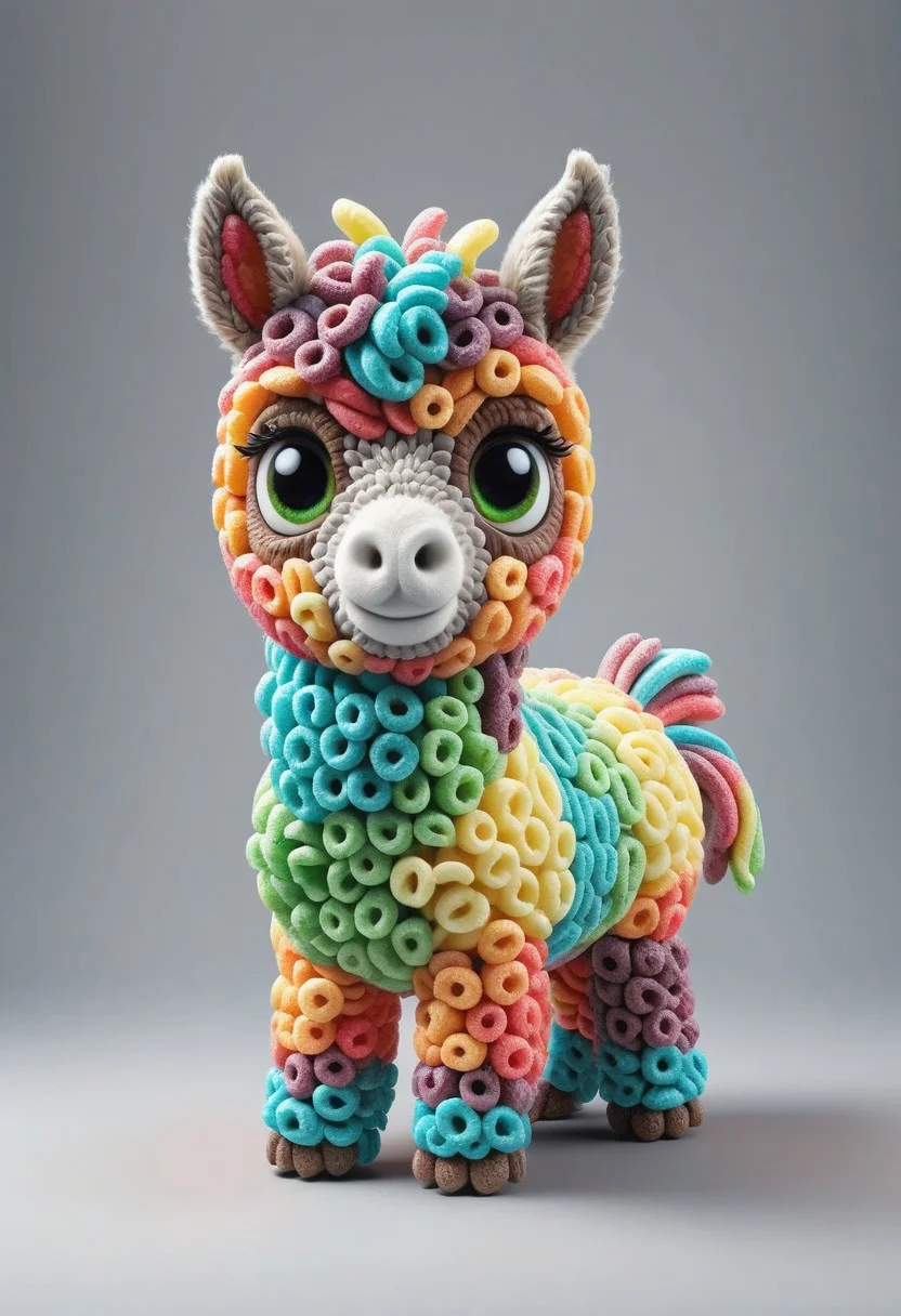 a cute chibby alpaca mixed with a donkey with big rainbow eyes made made of fruit loops, very detailed, 4k, sharp