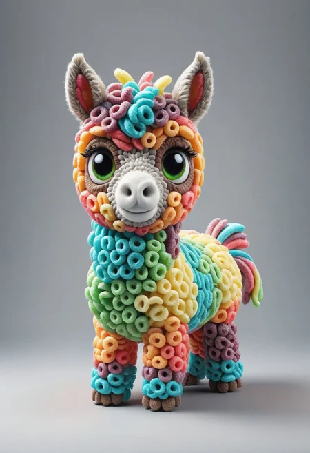 a cute chibby alpaca mixed with a donkey with big rainbow eyes made made of fruit loops, very detailed, 4k, sharp