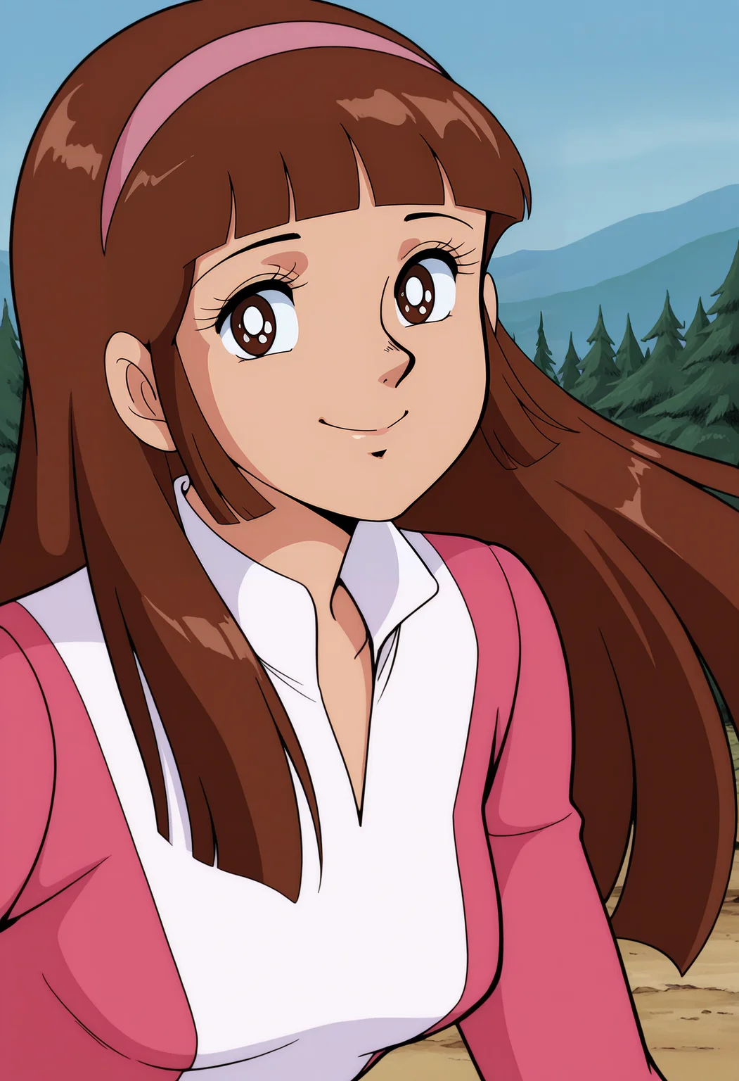 1girl,solo,mm,mature female,long hair,brown hair,hairband,bangs,blunt bangs,brown eyes,retro artstyle,anime coloring,
pink pilot suit,gloves,upper body,looking at viewer, smile,outdoors
,masterpiece,best quality,amazing quality,<lora:Sayaka_Yumi-Mazinger_Z_1972:0.8>