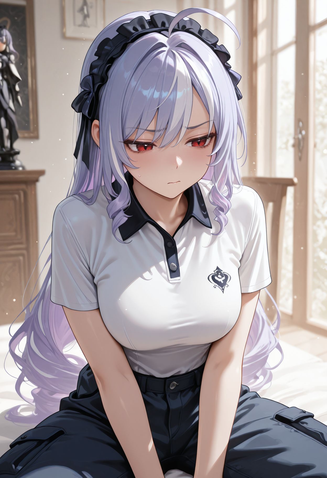masterpiece,best quality,amazing quality, absurdres, <lora:vivian_zzz_ilxl_goofy:1> vivianZzz,red eyes,ahoge,streaked hair,black hairband,frilled hairband,  hair bow, disappointed ,Polo Shirt, Cargo Pants, Abstract Background, figure four sitting