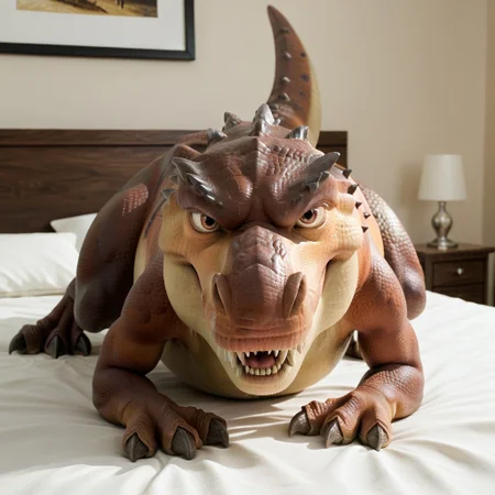 score_9, score_8_up, score_7_up, score_6_up, score_5_up, score_4_up, masterpiece, high quality, realistic, detailed, best quality, white bed, solo, rating_safe, source_furry, bedroom, smiling, seductive, looking at viewer, lying on belly, detailed eyes, Mommatrex_ia, dinosaur, brown scales, tail, claws, female, 1girl, brown eyes, feral