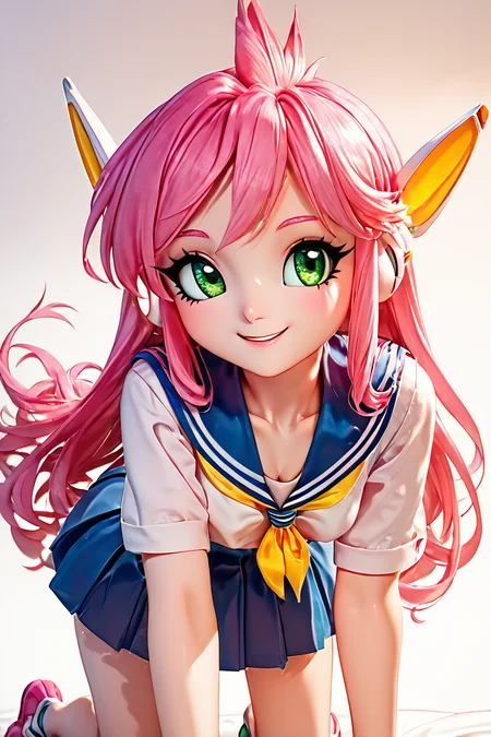 score_9, score_8_up, score_8, medium breasts, (curvy), cute, eyelashes, BREAK, , zzNukuNuku, green eyes, pink hair, long hair, robot ears, school uniform, serafuku, blue skirt, white shirt, <lora:NukuNuku_PDXL:1.0>, , BREAK, all fours, cleavage, smile, looking at viewer, embedding:zPDXL, Expressiveh, <lora:BeautifulCAT_PDXL:1.0>, <lora:SDXLFaeTastic2400:0.5>, <lora:Expressive_H-000001:0.4>,