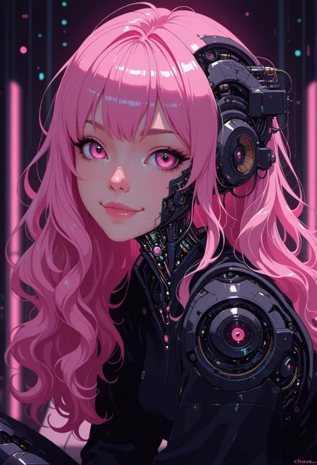 <lora:ck-nc-cyberpunk-IL-000011:1>,  masterpiece, best quality, good quality, very aesthetic, absurdres, newest, 8K, depth of field, focused subject, 1girl, portrait, long hair, wavy hair cascading around her face, smile, Subtle mechanical features are integrated into her face and neck, blending seamlessly with her natural beauty, sitting, chiaroscuro style, extreme contrast between light and shadow, creating a dramatic moody effect, futuristic glow. The contrast of neon pink and black enhances the surreal atmosphere, blending organic beauty with mechanical details for a striking cybernetic aesthetic, dynamic angle, in the style of cknc
<lora:MoriiMee_Gothic_Niji_Style_Illustrious_r1:0.4>