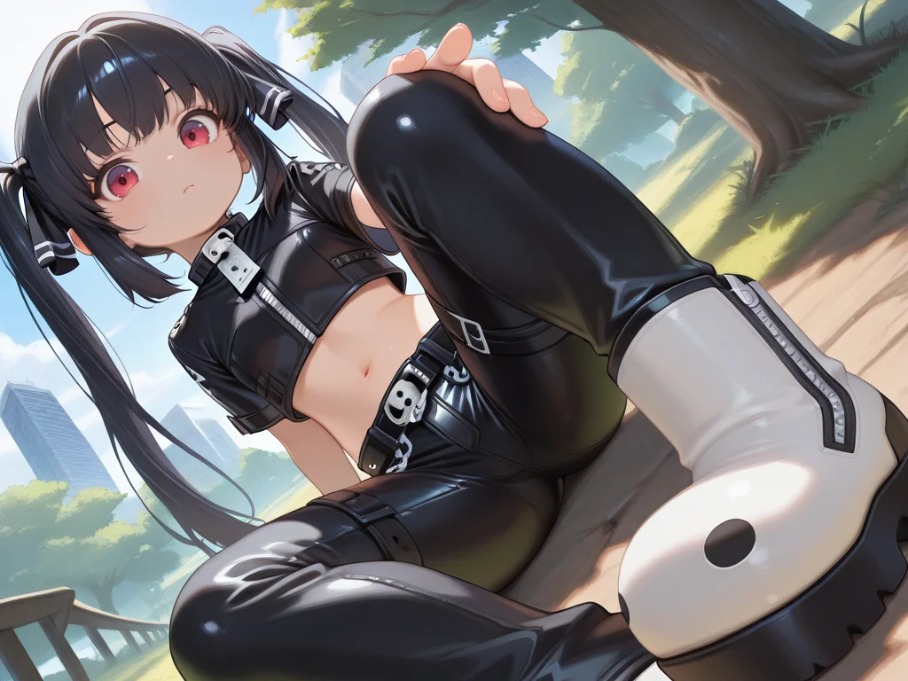 dutch angle,foreshortening,<lora:IL_kooh:0.8>,1girl,solo,pgy_ko,kooh/(pangya/),cropped jacket,midriff,leather pants,skull boots,sit,looking at viewer,outdoors,zipper,belt,chain,skull ornament,, masterpiece,best quality,amazing quality,very aesthetic,absurdres,