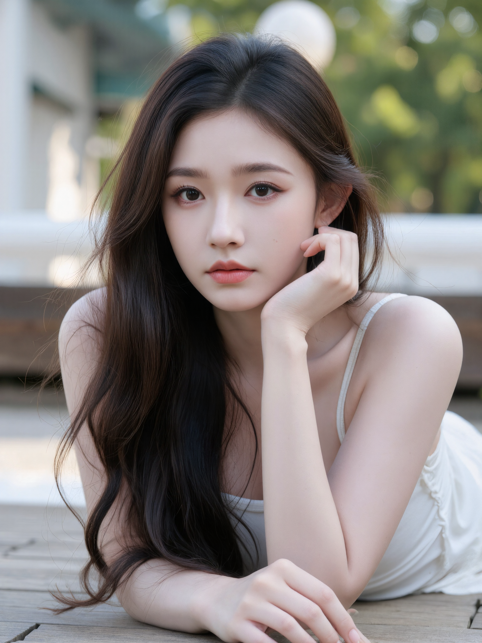 This is a high-resolution photograph of a young Asian woman with a fair complexion, lying on her stomach on a wooden surface outdoors. She has long, straight black hair cascading over her shoulders and is wearing a white tank top. Her expression is calm and introspective, with large, dark eyes and subtle makeup. She is positioned centrally, with her face occupying the rule of thirds, creating a balanced composition. The background is softly blurred, emphasizing the subject with a shallow depth of field. The lighting is natural, likely from the sun, casting gentle shadows and highlighting her smooth skin. The overall mood is serene and contemplative.