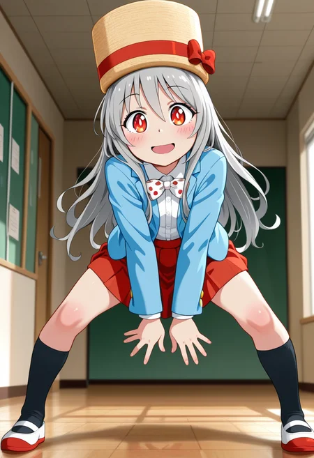 umami-chan, long hair, grey hair, red eyes, hat,
white bowtie, polka dot, blue jacket, jacket, mary janes, long sleeves, red skirt, pleated skirt, black kneehighs, white footwear, uwabaki,
<lora:umami-chan_Illustrious-XL-2.0_v1:1>, masterpiece,best quality,amazing quality, solo,1girl,, standing, (dynamic pose) , blush,open mouth,light smile,
looking at viewer,(upper body, close-up),cowboy shot, upper body,
(indoors, )